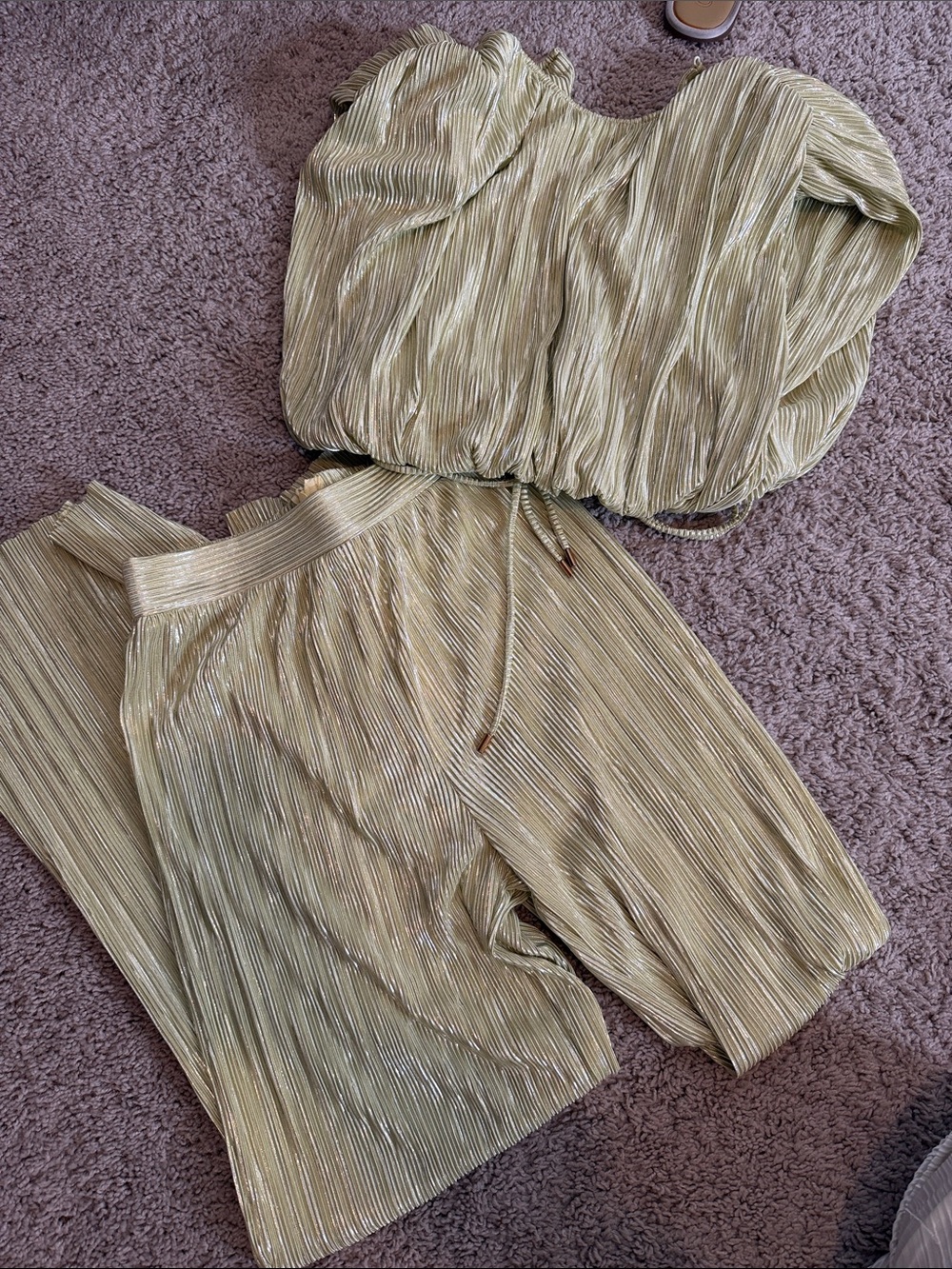 Sabina Musayev Metallic Olive Two-Piece Wide Leg Set